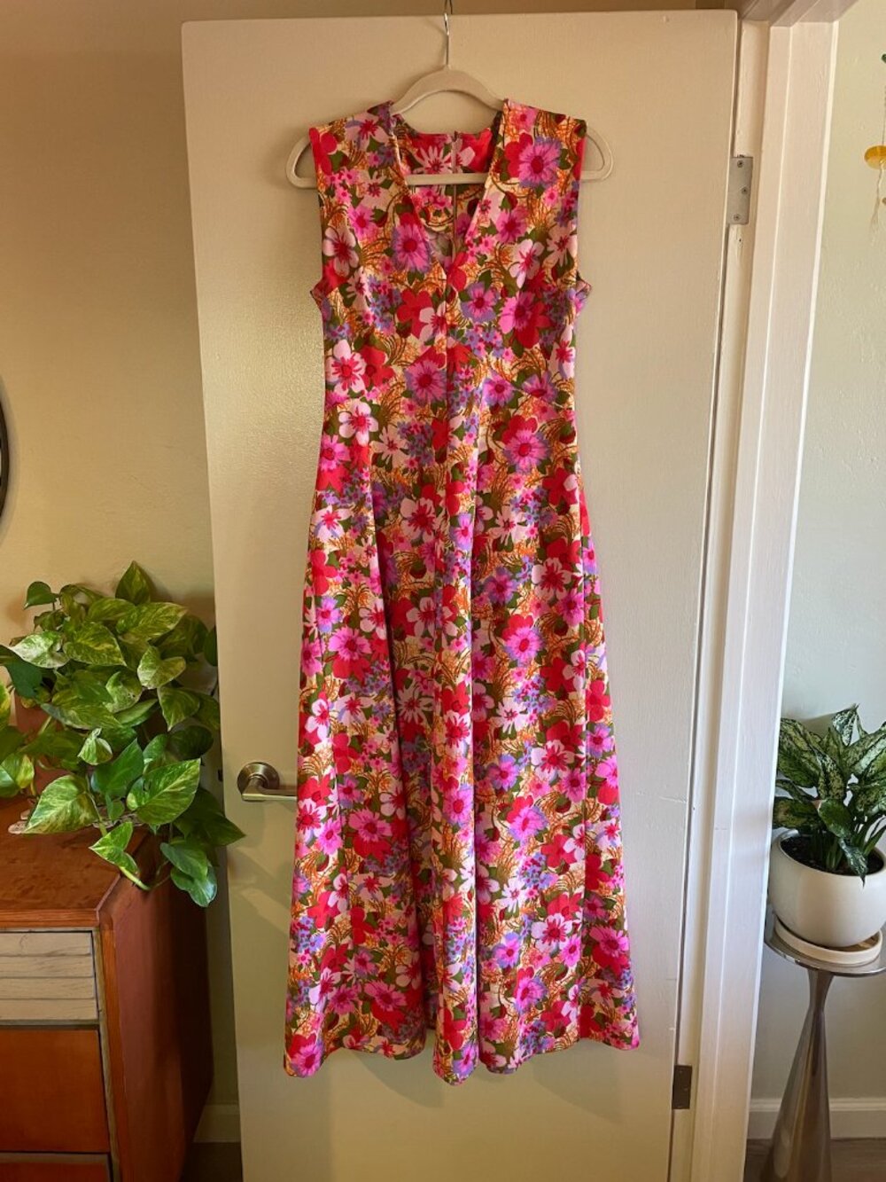 Montgomery Ward Vintage 60s Mod Maxi Full Length Party Dress Floral - XL - Picture 1 of 2